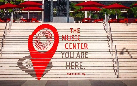 The Music Center plaza stairs with map marker graphic